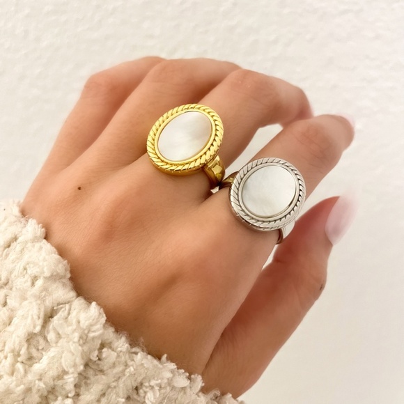 925 Sterling Silver Mother of Pearl Statement Ring Chunky Ring Round Oval Rng - Picture 1 of 13